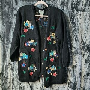 Embroidered Black Cardigan Sweater